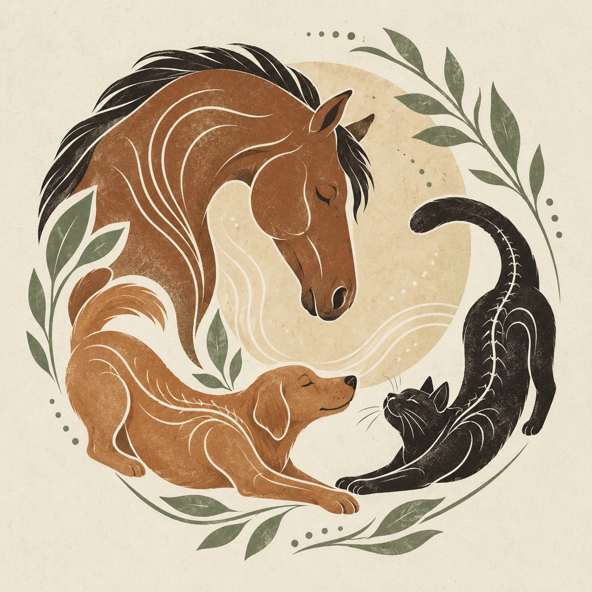 An illustration of a horse, dog and cat