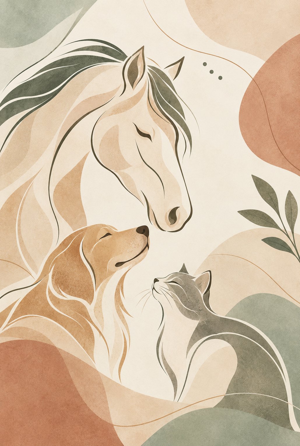 An illustration of a horse, dog and cat