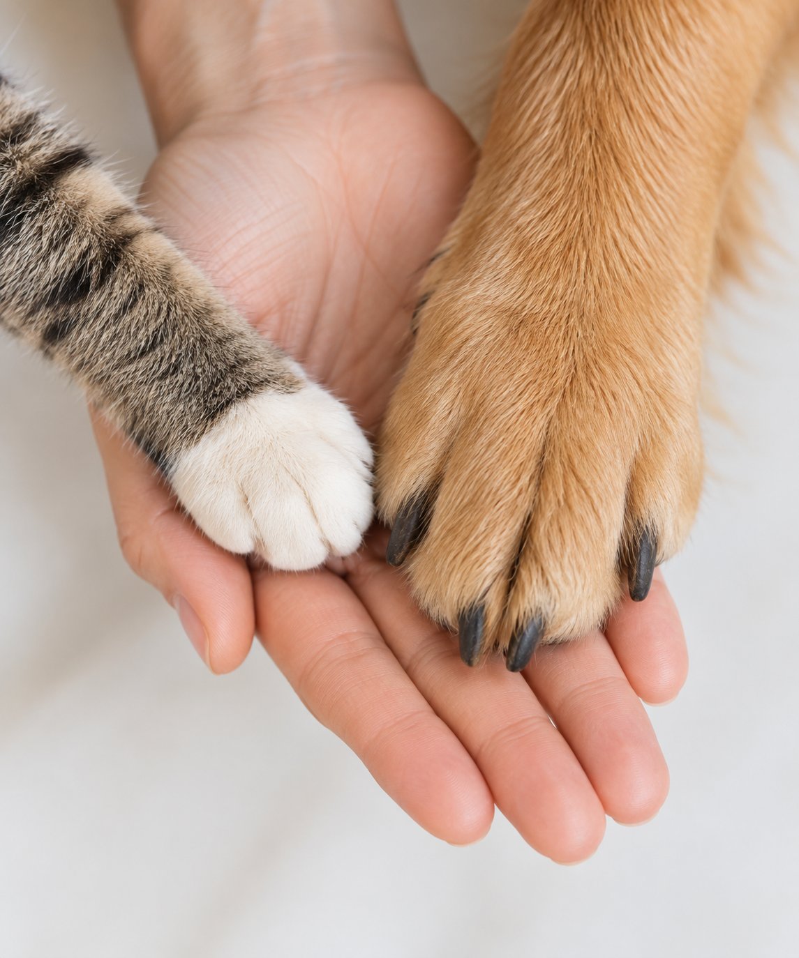A cat's paw and a dog's paw resting in a person's hand